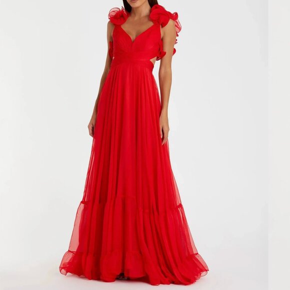 Mac Duggal Red Ruffle Tiered Cut-Out Chiffon Gown Size 10 - Picture 2 of 12